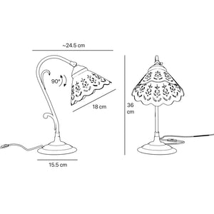 Art Nouveau table lamp with white pierced ceramic shade and decorative curved adjustable brass arm structure by Ghidini 1849