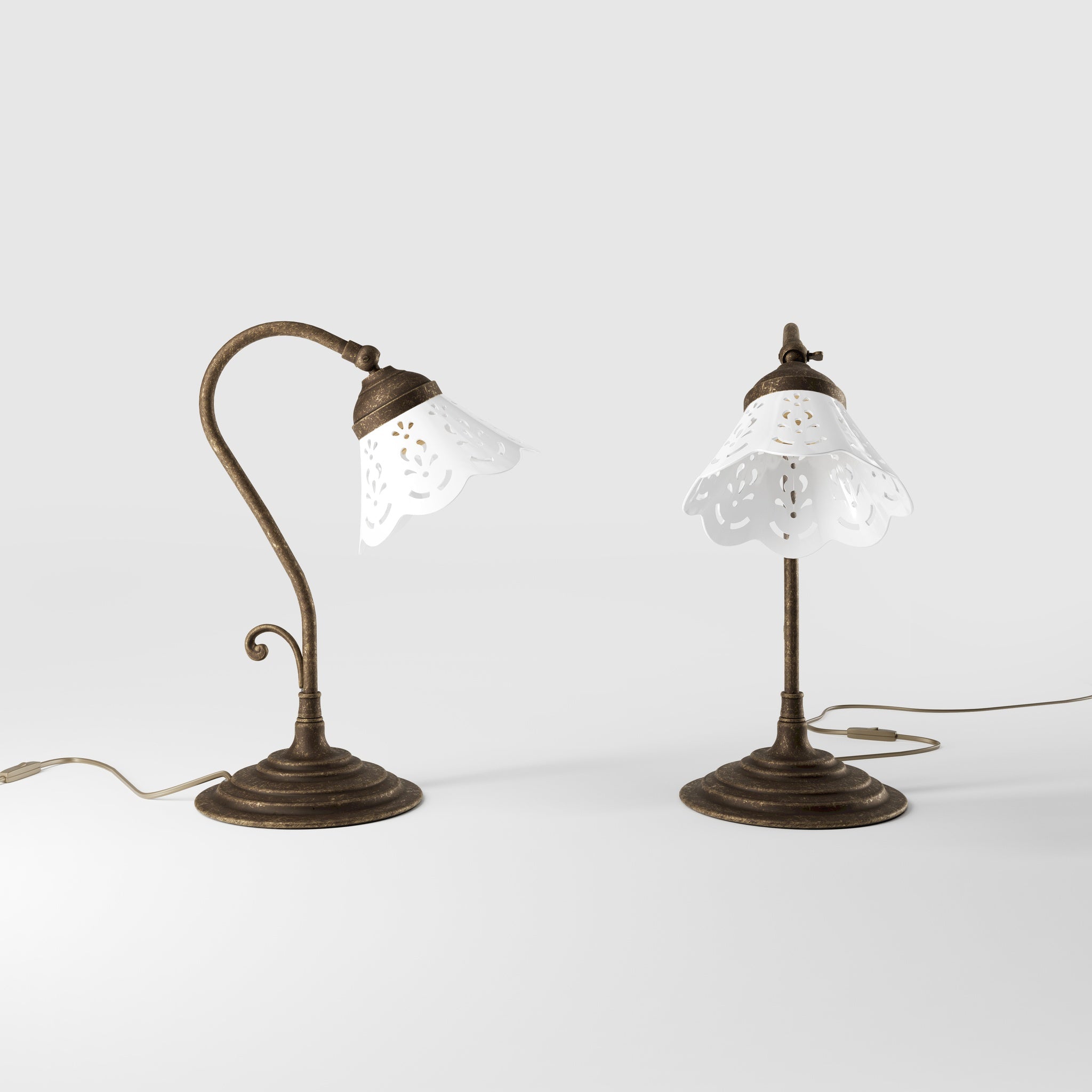 Liberty style table lamp with white pierced ceramic shade stepped base and decorative adjustable brass arm by Ghidini 1849 - Finish: OAS Antique Brass