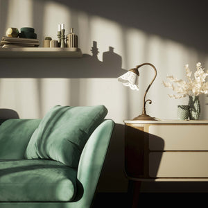 Liberty style table lamp with white pierced ceramic shade stepped base and decorative adjustable brass arm by Ghidini 1849 - Finish: OAS Antique Brass