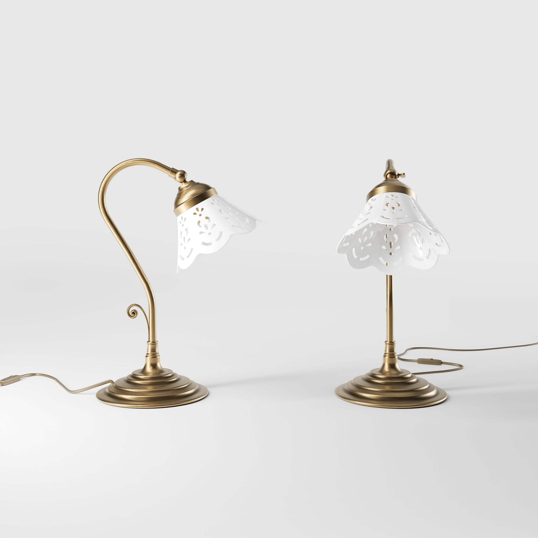 Liberty style table lamp with white pierced ceramic shade stepped base and decorative adjustable brass arm by Ghidini 1849 - Finish: OBS Bronze Satin Brass