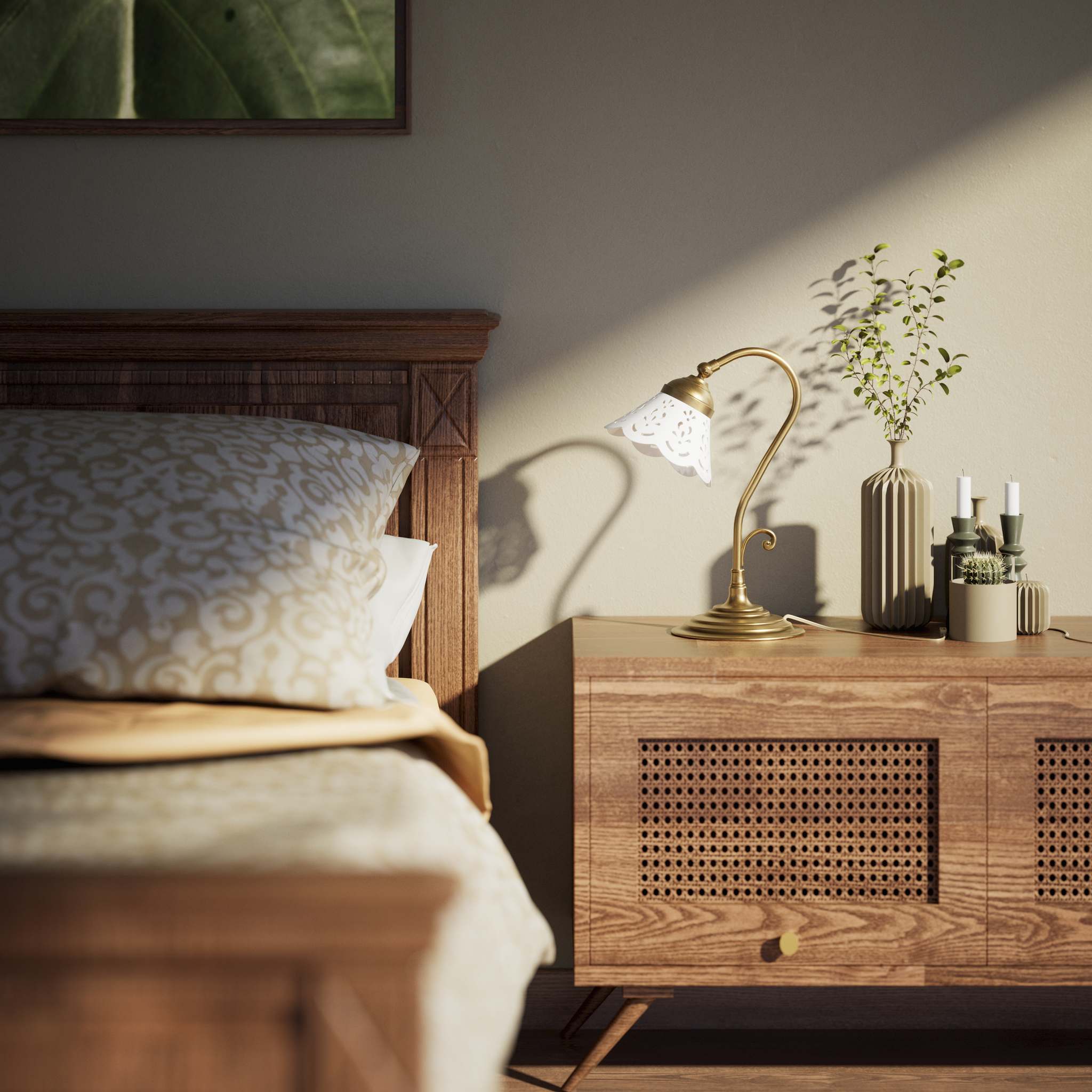 Liberty style table lamp with white pierced ceramic shade stepped base and decorative adjustable brass arm by Ghidini 1849 - Finish: OBS Bronze Satin Brass