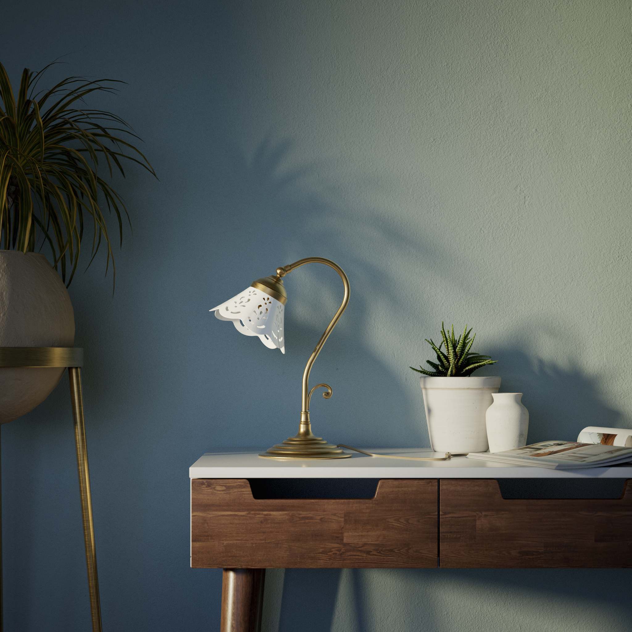 Liberty style table lamp with white pierced ceramic shade stepped base and decorative adjustable brass arm by Ghidini 1849 - Finish: OBS Bronze Satin Brass