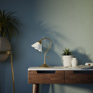 Liberty style table lamp with white pierced ceramic shade stepped base and decorative adjustable brass arm by Ghidini 1849 - Finish: OBS Bronze Satin Brass