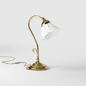 Liberty style table lamp with white pierced ceramic shade stepped base and decorative adjustable brass arm by Ghidini 1849 - Finish: OLV Polished Brass