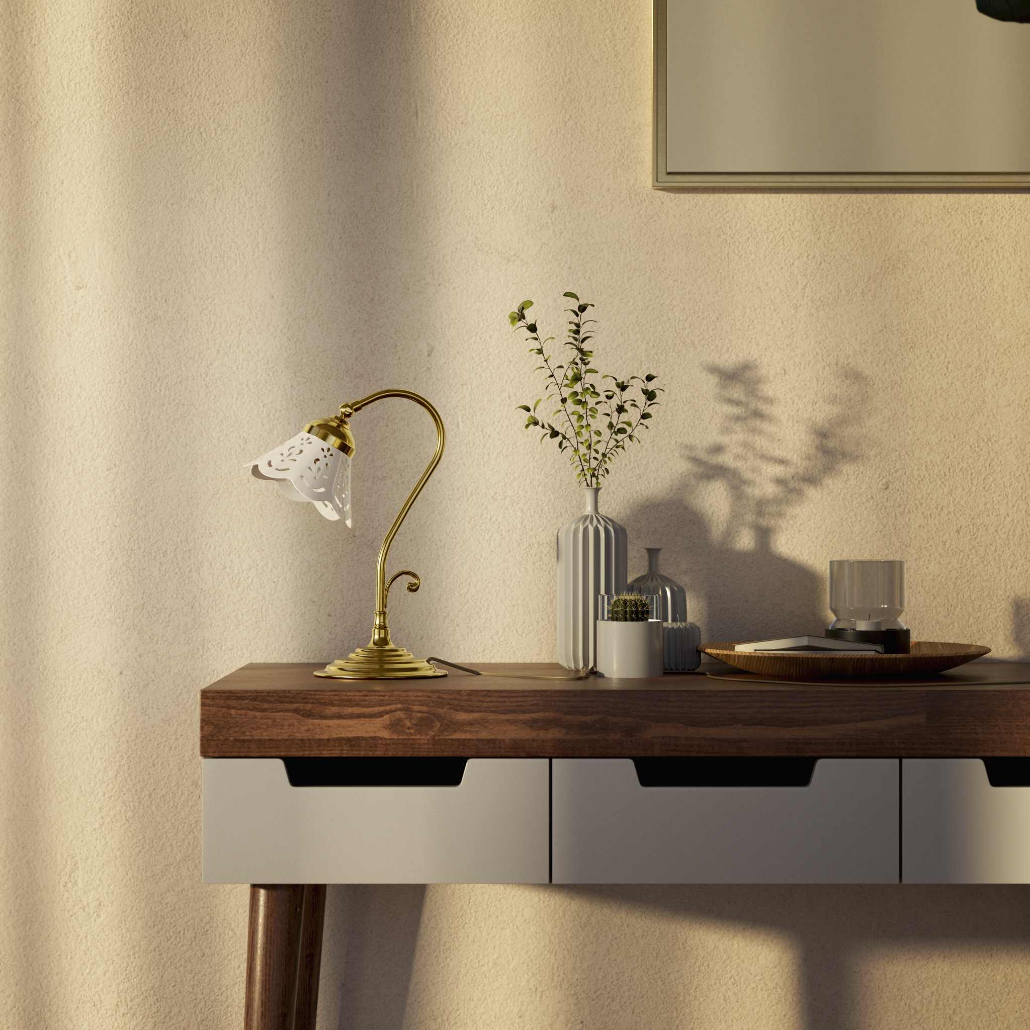 Liberty style table lamp with white pierced ceramic shade stepped base and decorative adjustable brass arm by Ghidini 1849 - Finish: OLV Polished Brass