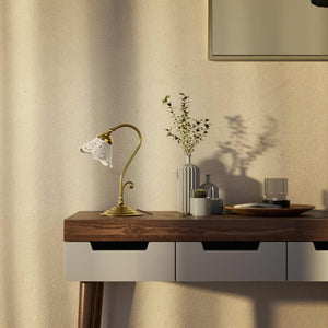 Liberty style table lamp with white pierced ceramic shade stepped base and decorative adjustable brass arm by Ghidini 1849 - Finish: OLV Polished Brass