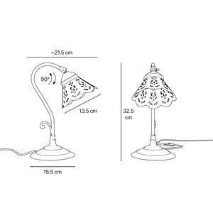 Liberty style table lamp with white pierced ceramic shade stepped base and decorative adjustable brass arm by Ghidini 1849