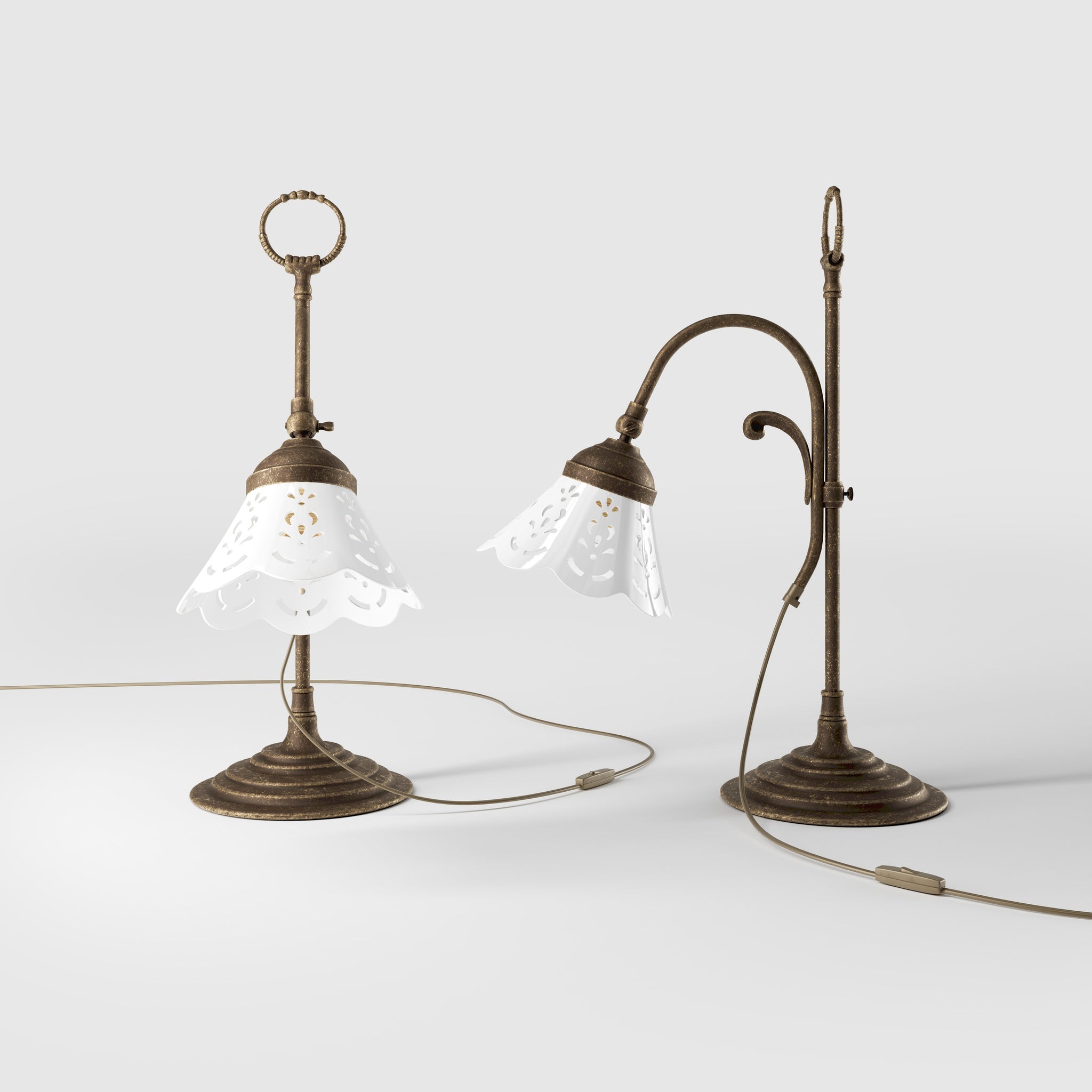 Classic desk lamp with pierced ceramic shade height-adjustable brass structure and decorative ring by Ghidini 1849 - Finish: OAS Antique Brass