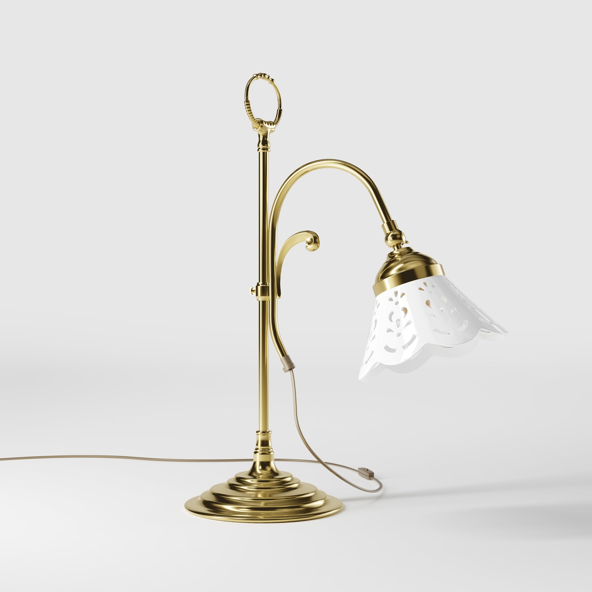 Classic desk lamp with pierced ceramic shade height-adjustable brass structure and decorative ring by Ghidini 1849 - Finish: OLV Polished Brass