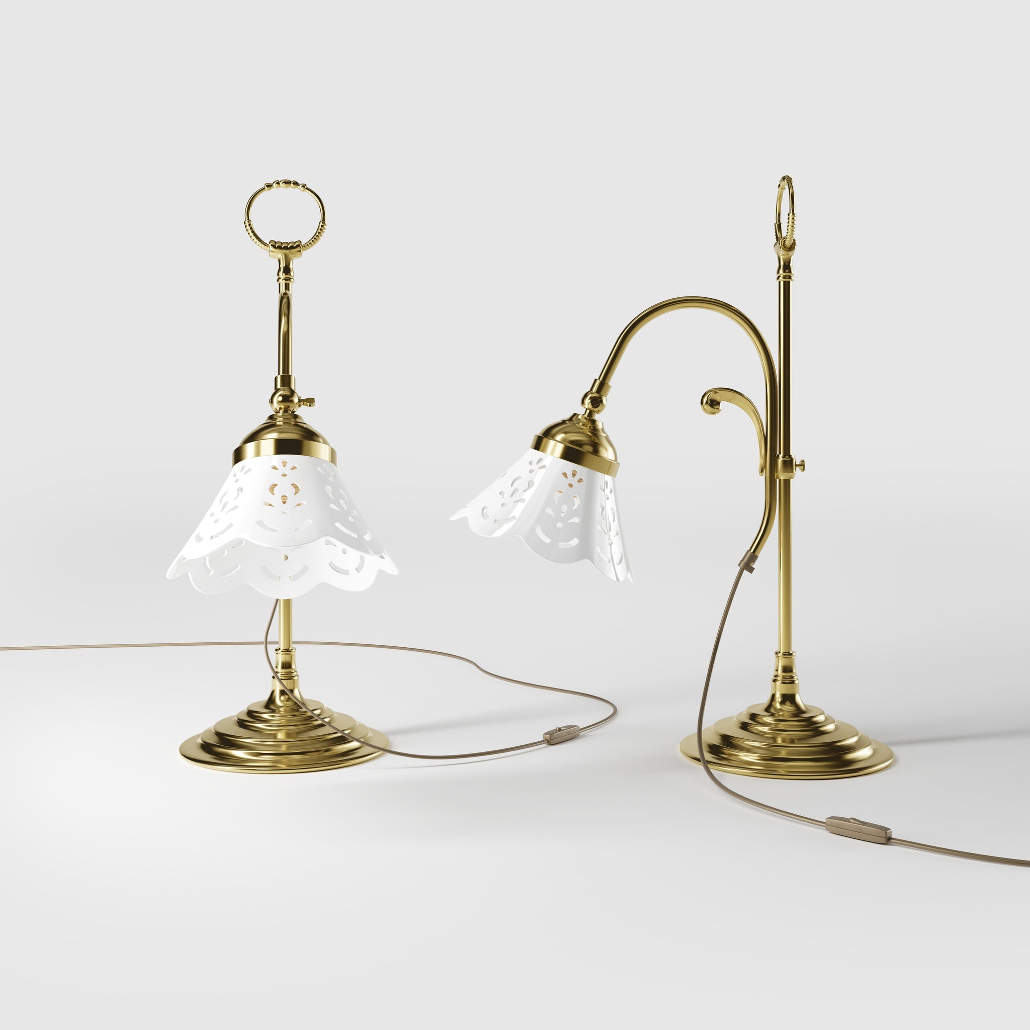 Classic desk lamp with pierced ceramic shade height-adjustable brass structure and decorative ring by Ghidini 1849 - Finish: OLV Polished Brass