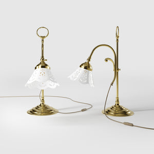 Classic desk lamp with pierced ceramic shade height-adjustable brass structure and decorative ring by Ghidini 1849 - Finish: OLV Polished Brass