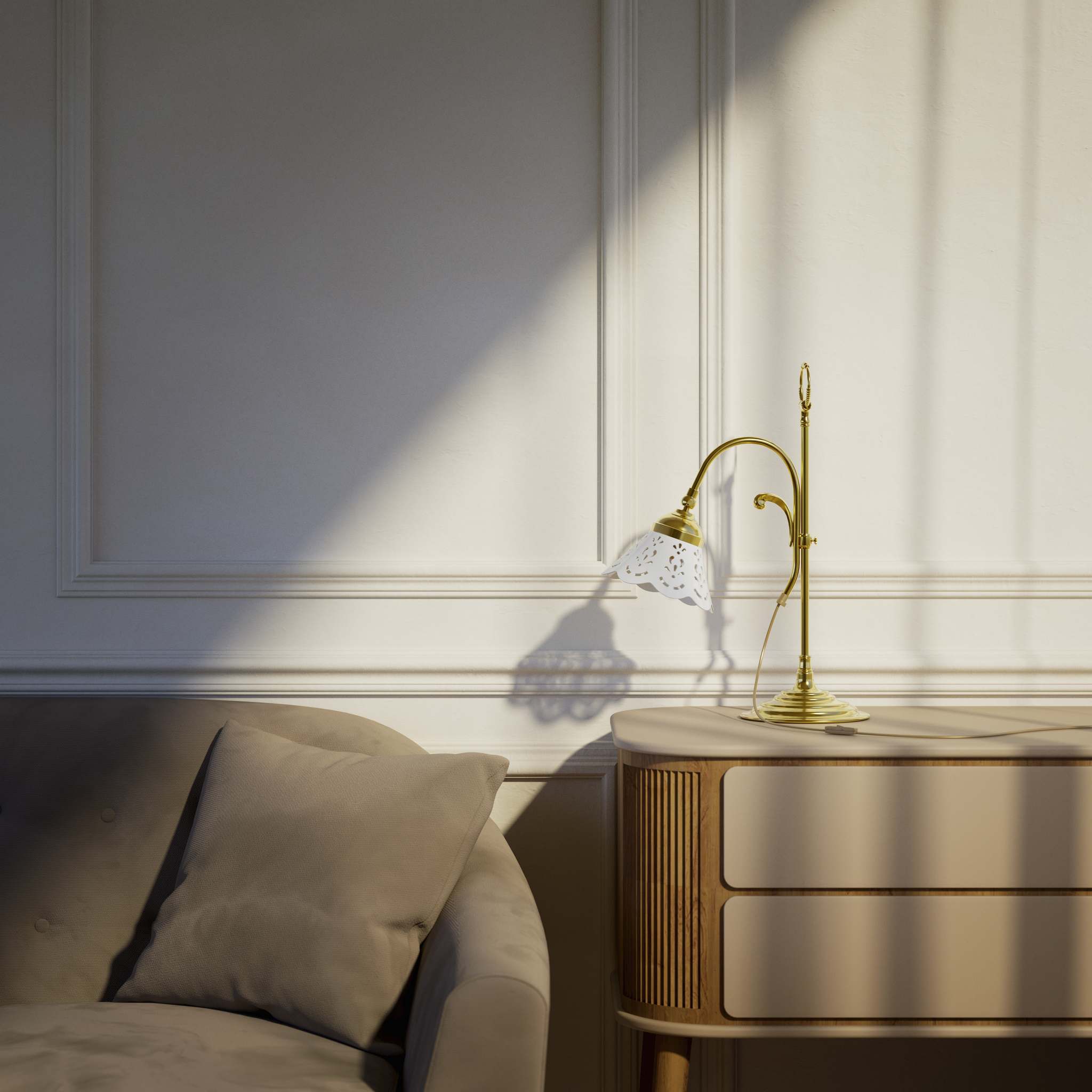 Classic desk lamp with pierced ceramic shade height-adjustable brass structure and decorative ring by Ghidini 1849 - Finish: OLV Polished Brass