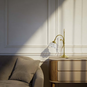 Classic desk lamp with pierced ceramic shade height-adjustable brass structure and decorative ring by Ghidini 1849 - Finish: OLV Polished Brass