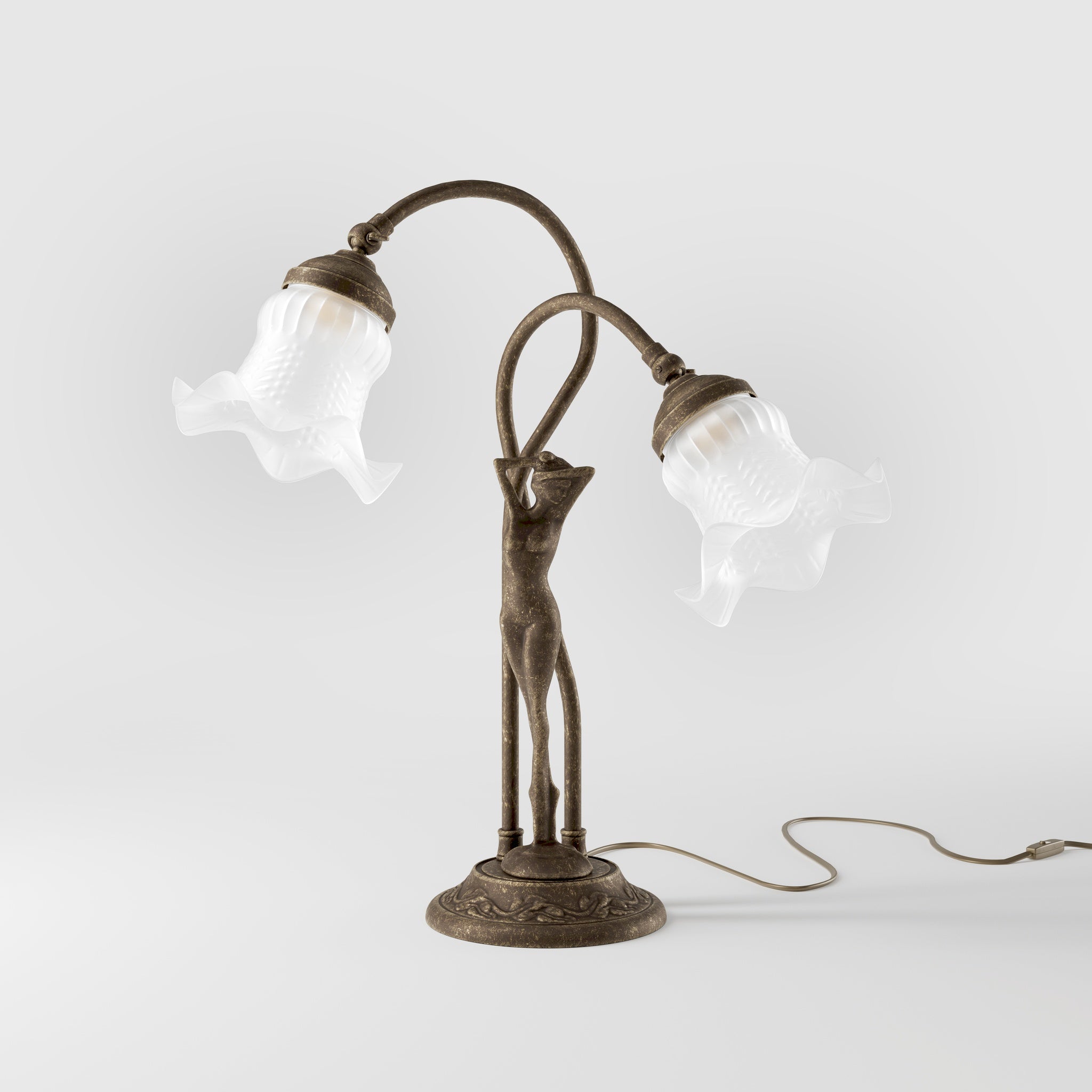 Art Nouveau table lamp in brass with sculptural female figure and two wavy frosted glass shades, decorated base by Ghidini 1849 - Finish: OAS Antique Brass