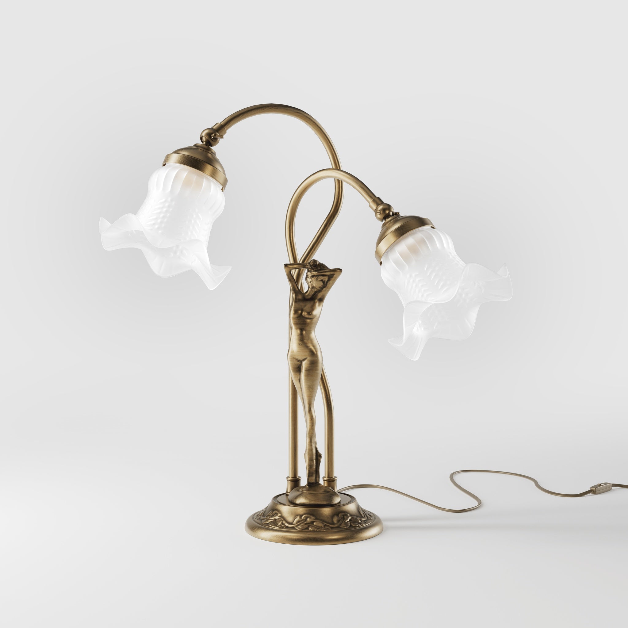 Art Nouveau table lamp in brass with sculptural female figure and two wavy frosted glass shades, decorated base by Ghidini 1849 - Finish: OBS Bronze Satin Brass