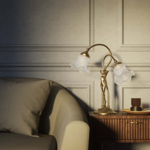 Art Nouveau table lamp in brass with sculptural female figure and two wavy frosted glass shades, decorated base by Ghidini 1849 - Finish: OBS Bronze Satin Brass