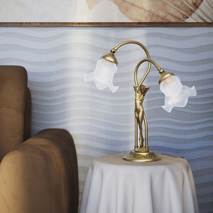 Art Nouveau table lamp in brass with sculptural female figure and two wavy frosted glass shades, decorated base by Ghidini 1849 - Finish: OBV Bronze Satin Light Brass