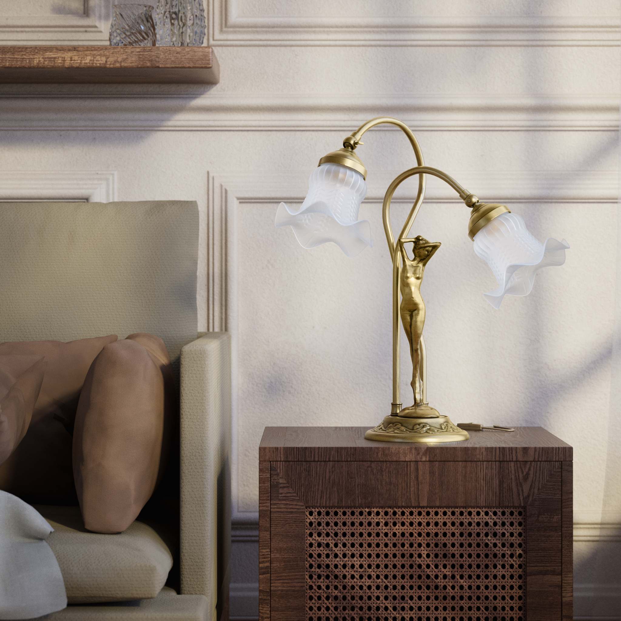 Art Nouveau table lamp in brass with sculptural female figure and two wavy frosted glass shades, decorated base by Ghidini 1849 - Finish: OBV Bronze Satin Light Brass