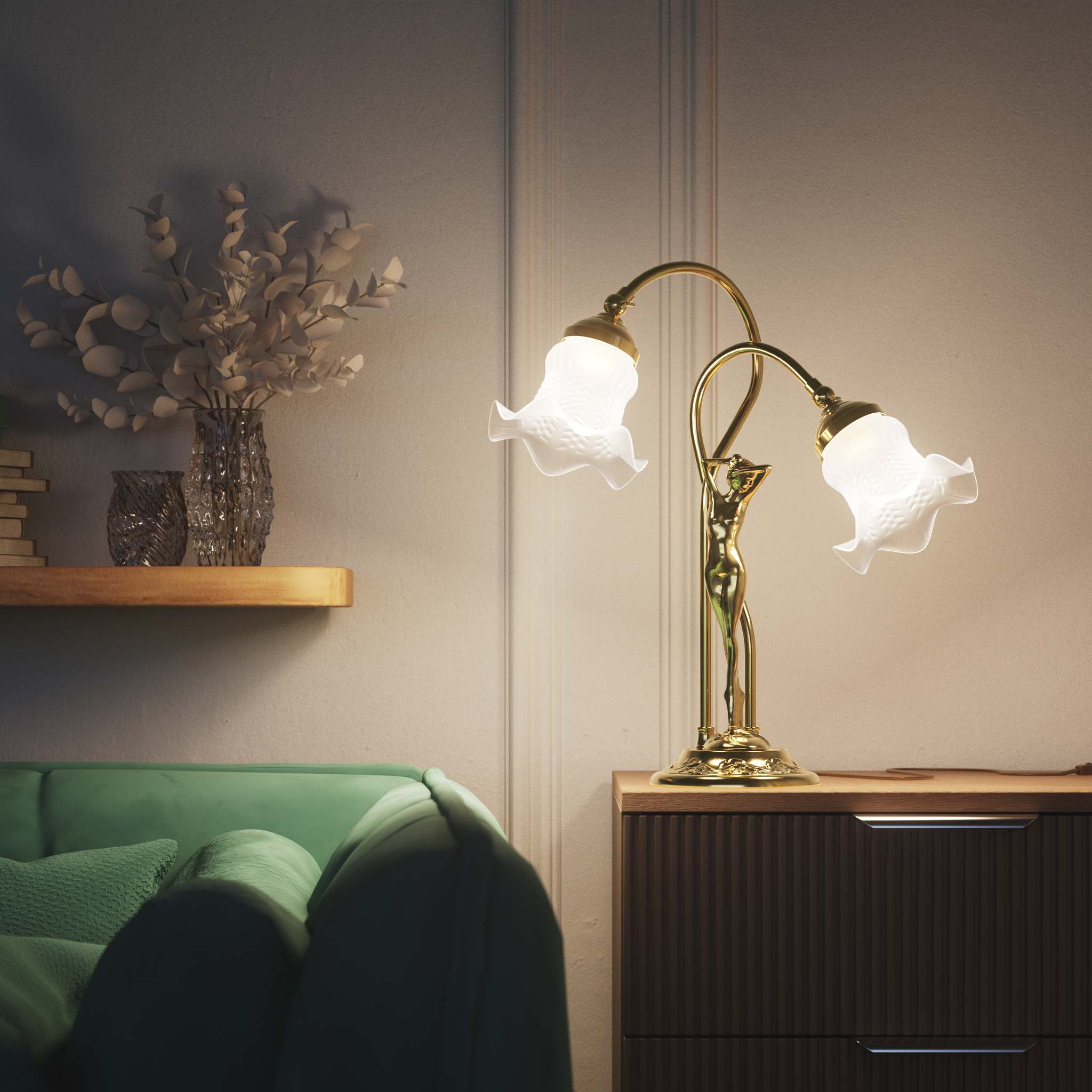 Art Nouveau table lamp in brass with sculptural female figure and two wavy frosted glass shades, decorated base by Ghidini 1849 - Finish: OLV Polished Brass