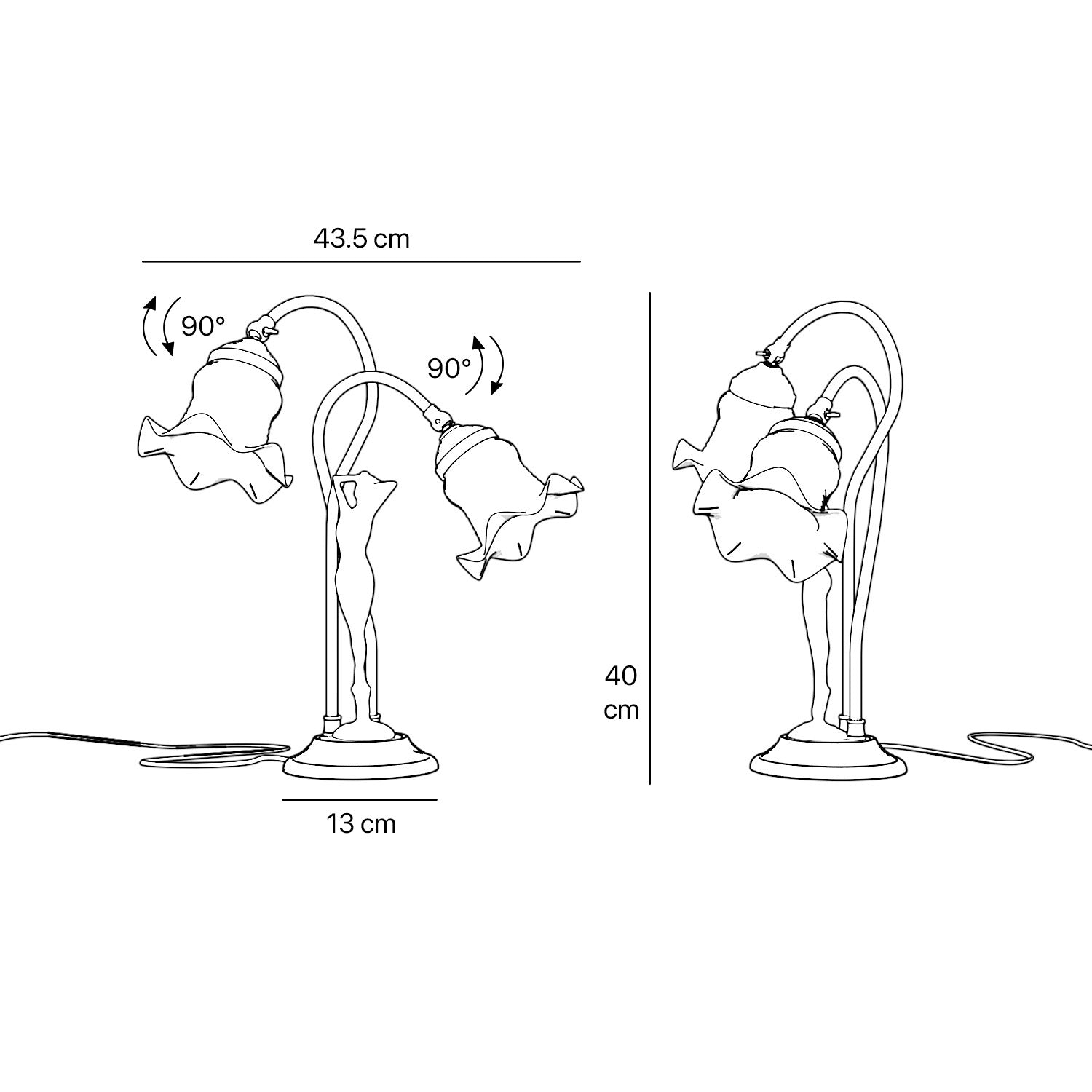 Art Nouveau table lamp in brass with sculptural female figure and two wavy frosted glass shades, decorated base by Ghidini 1849