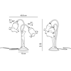 Art Nouveau table lamp in brass with sculptural female figure and two wavy frosted glass shades, decorated base by Ghidini 1849