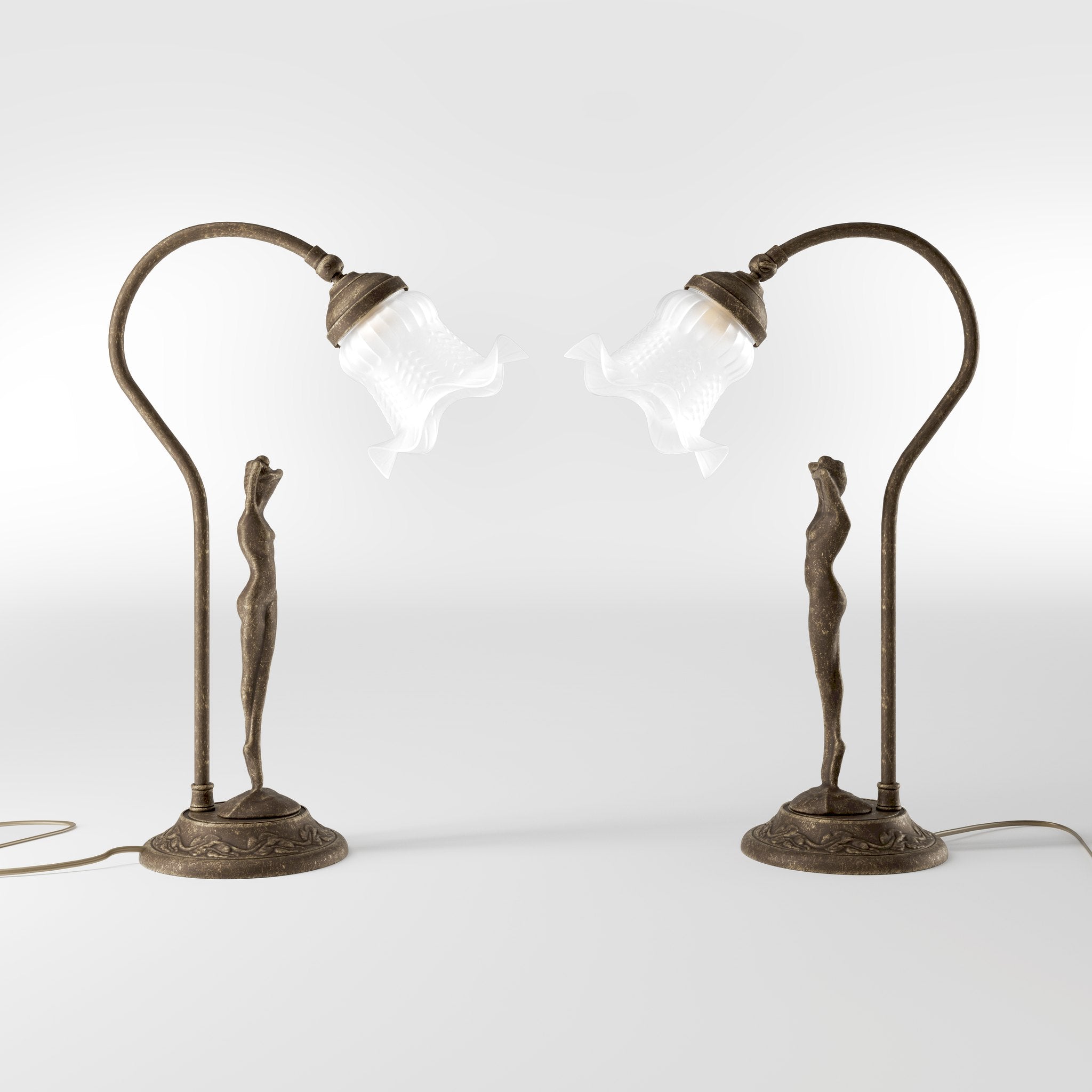 Liberty table lamp in brass with sculptural female figure and wavy frosted glass shade, base decorated with floral motifs by Ghidini 1849 - Finish: OAS Antique Brass