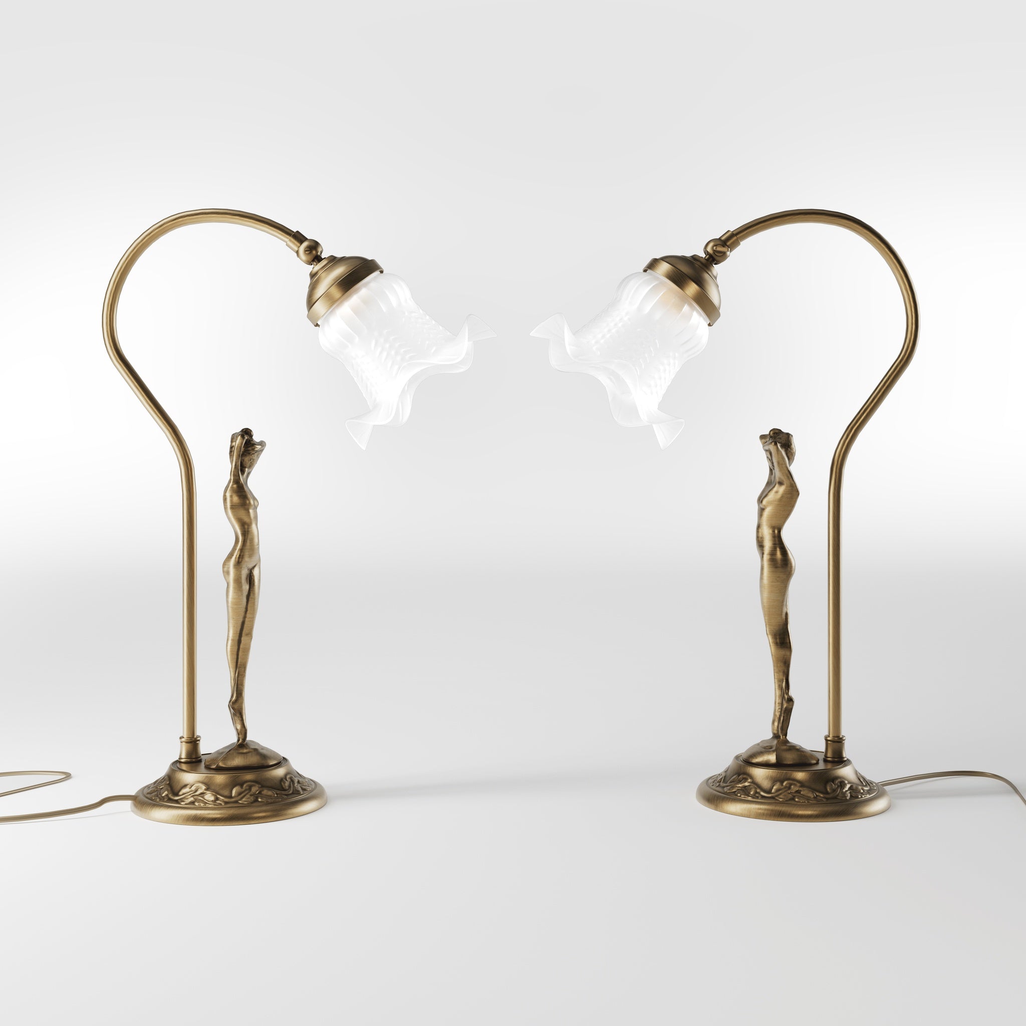 Liberty table lamp in brass with sculptural female figure and wavy frosted glass shade, base decorated with floral motifs by Ghidini 1849 - Finish: OBS Bronze Satin Brass
