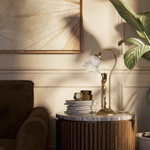 Liberty table lamp in brass with sculptural female figure and wavy frosted glass shade, base decorated with floral motifs by Ghidini 1849 - Finish: OBS Bronze Satin Brass