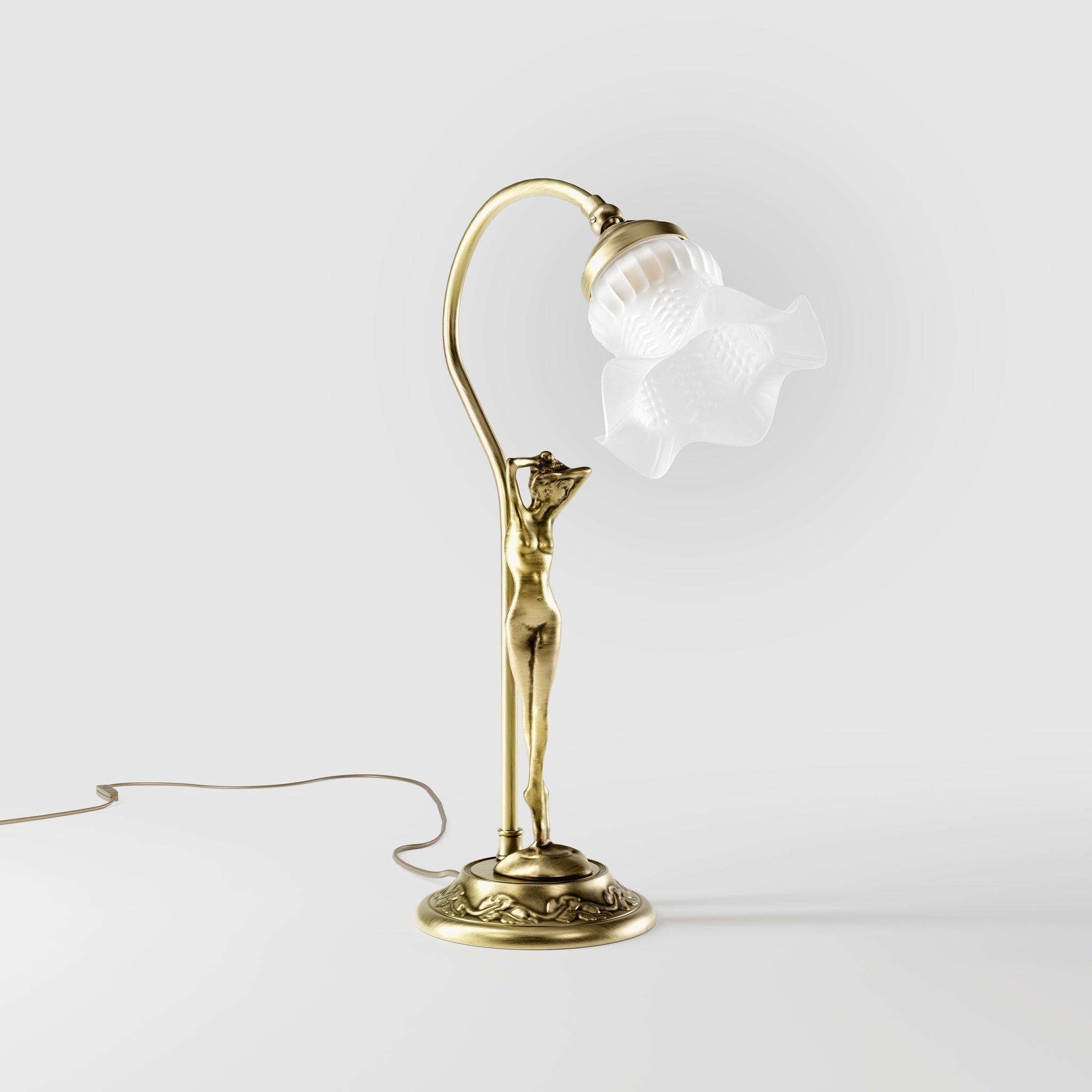 Liberty table lamp in brass with sculptural female figure and wavy frosted glass shade, base decorated with floral motifs by Ghidini 1849 - Finish: OBV Bronze Satin Light Brass