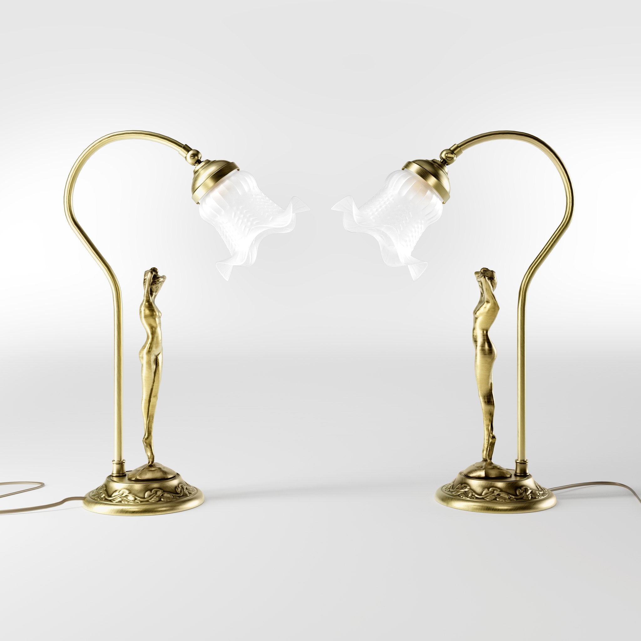 Liberty table lamp in brass with sculptural female figure and wavy frosted glass shade, base decorated with floral motifs by Ghidini 1849 - Finish: OBV Bronze Satin Light Brass