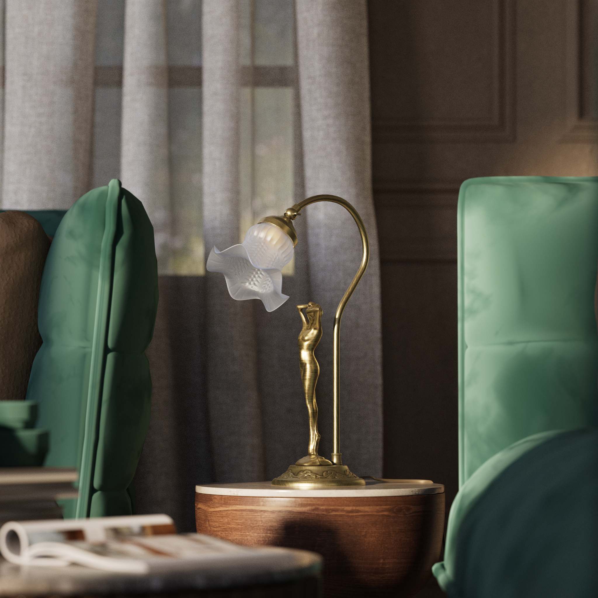 Liberty table lamp in brass with sculptural female figure and wavy frosted glass shade, base decorated with floral motifs by Ghidini 1849 - Finish: OBV Bronze Satin Light Brass