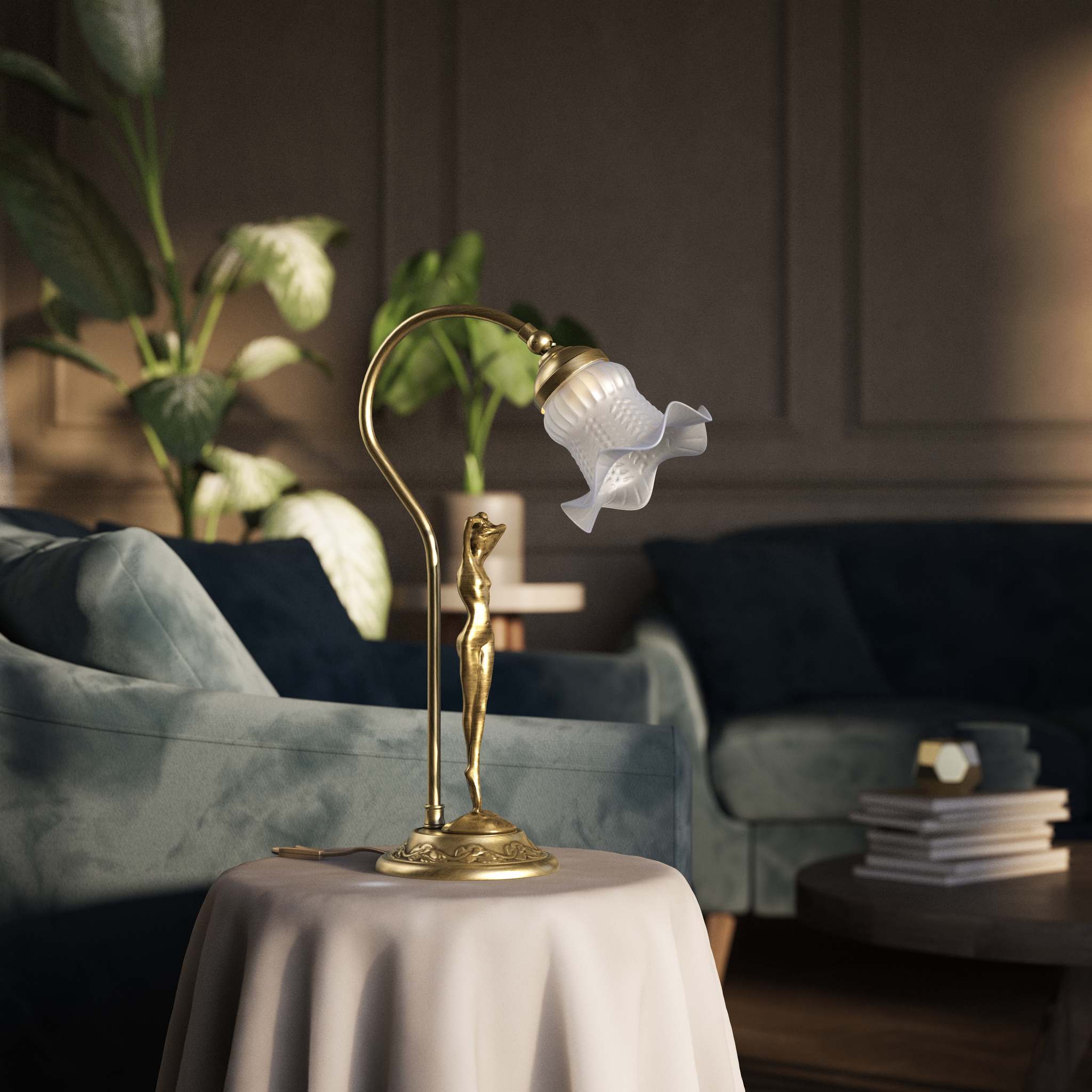 Liberty table lamp in brass with sculptural female figure and wavy frosted glass shade, base decorated with floral motifs by Ghidini 1849 - Finish: OBV Bronze Satin Light Brass