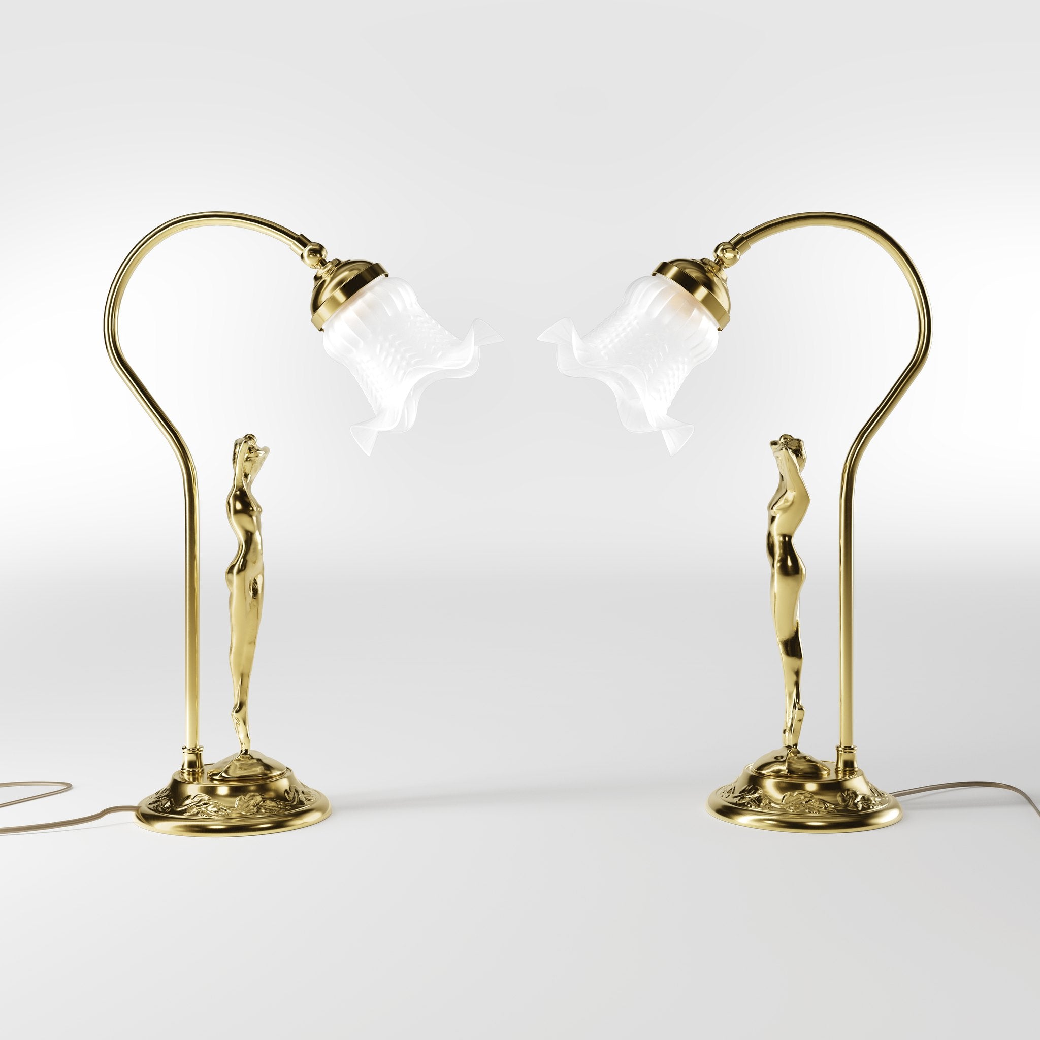 Liberty table lamp in brass with sculptural female figure and wavy frosted glass shade, base decorated with floral motifs by Ghidini 1849 - Finish: OLV Polished Brass