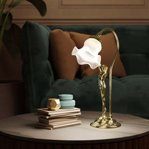 Liberty table lamp in brass with sculptural female figure and wavy frosted glass shade, base decorated with floral motifs by Ghidini 1849 - Finish: OLV Polished Brass