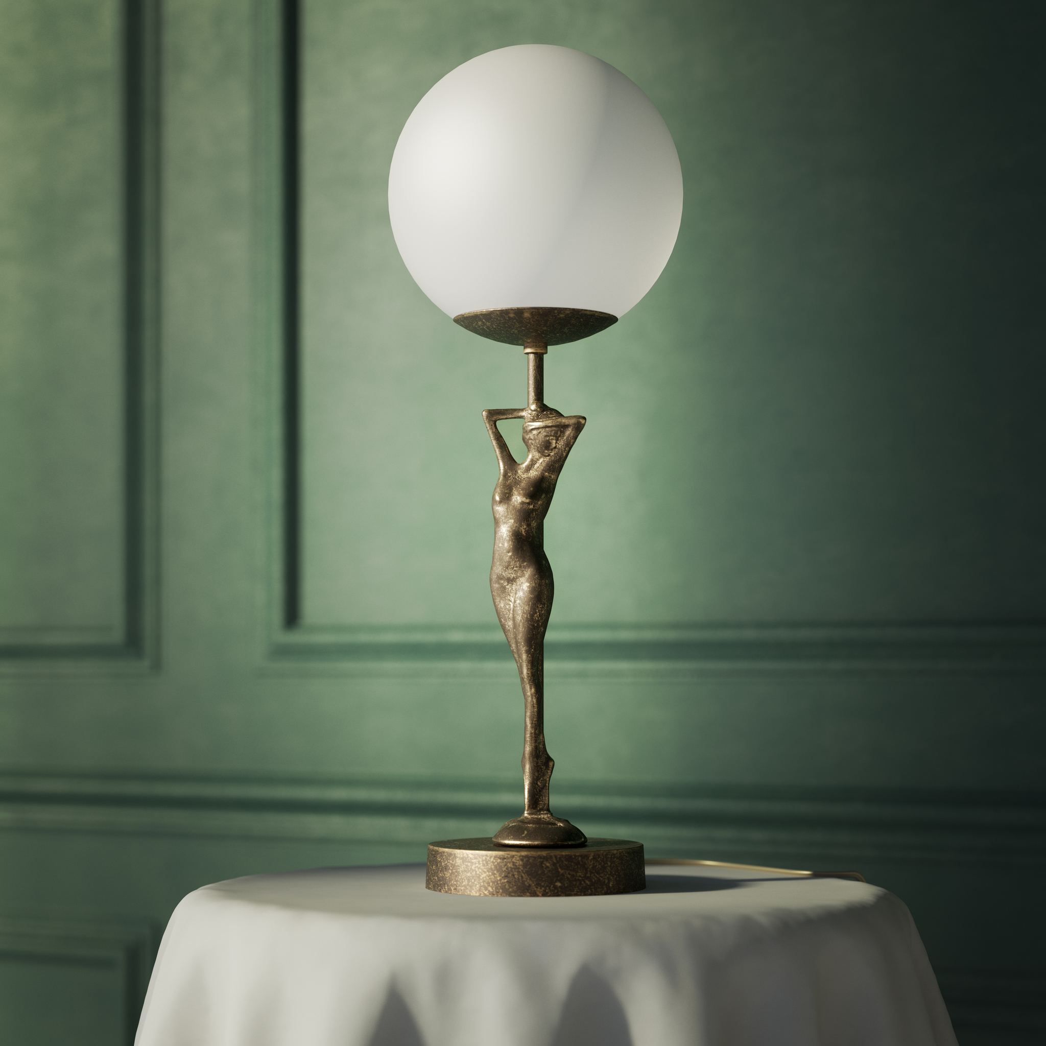 Brass table lamp with sculpted female figure and frosted glass globe, ideal for elegant interiors by Ghidini 1849 - Finish: OAS Antique Brass
