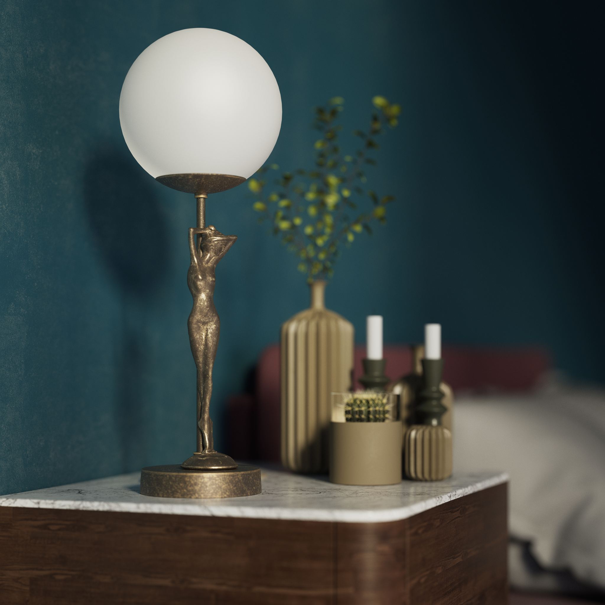 Brass table lamp with sculpted female figure and frosted glass globe, ideal for elegant interiors by Ghidini 1849 - Finish: OAS Antique Brass