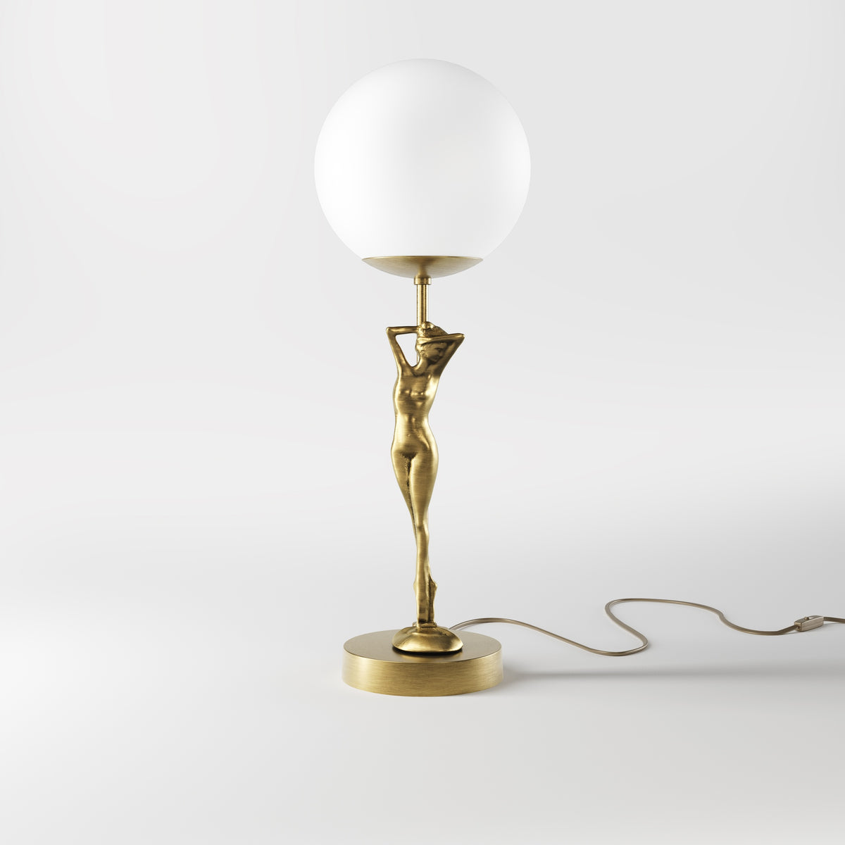 Lampada da Tavolo in Ottone con Scultura e Globo Opaco - OBS Bronzo Satinato