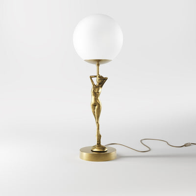 Brass table lamp with sculpted female figure and frosted glass globe, ideal for elegant interiors by Ghidini 1849 - Finish: OBS Bronze Satin Brass