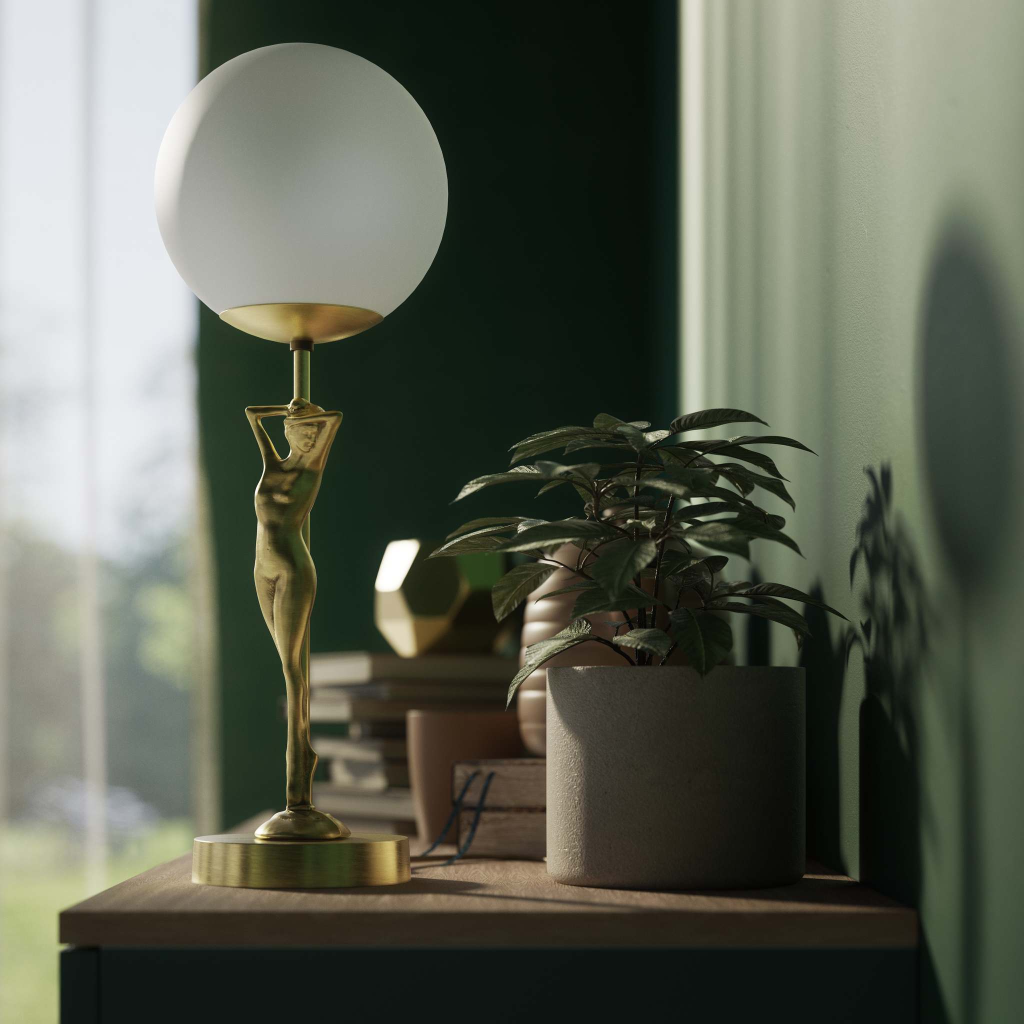 Brass table lamp with sculpted female figure and frosted glass globe, ideal for elegant interiors by Ghidini 1849 - Finish: OBV Bronze Satin Light Brass