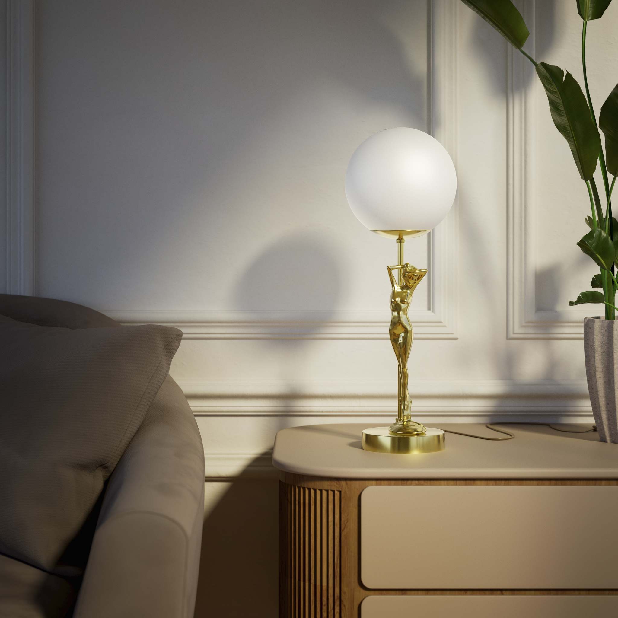 Brass table lamp with sculpted female figure and frosted glass globe, ideal for elegant interiors by Ghidini 1849 - Finish: OLV Polished Brass