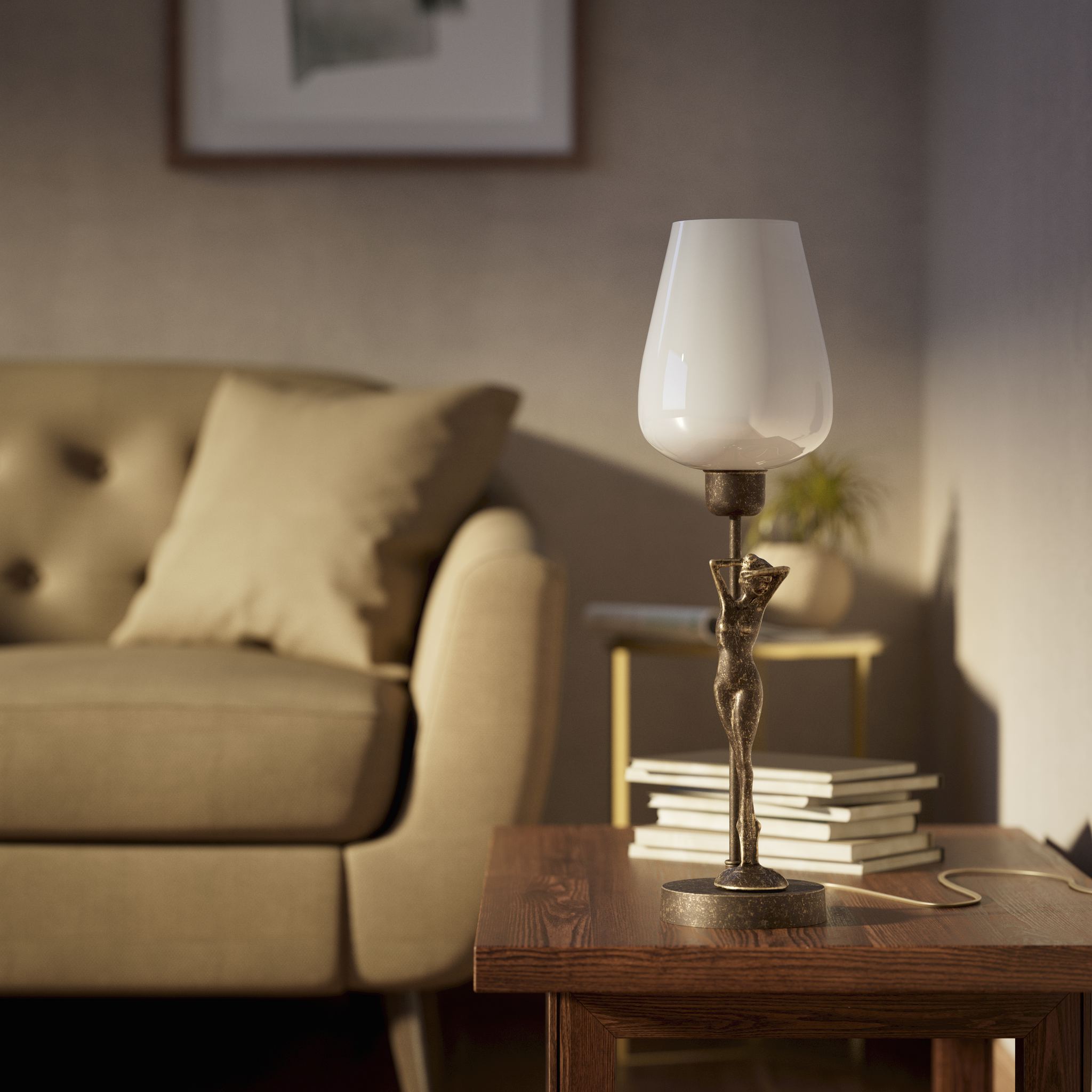 Art Deco table lamp with sculptural brass female figure and conical glossy white glass shade, decorative base by Ghidini 1849 - Finish: OAS Antique Brass