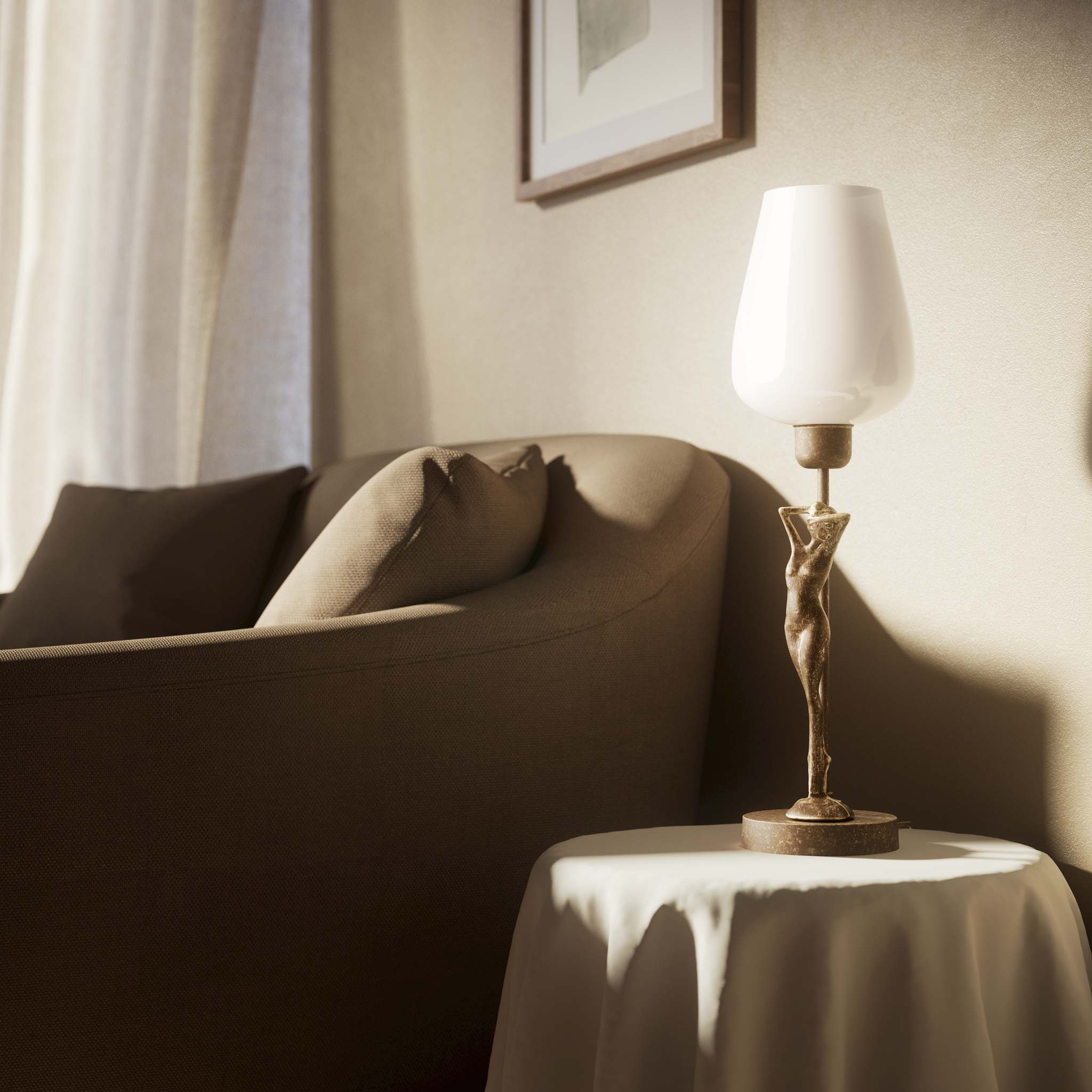 Art Deco table lamp with sculptural brass female figure and conical glossy white glass shade, decorative base by Ghidini 1849 - Finish: OAS Antique Brass