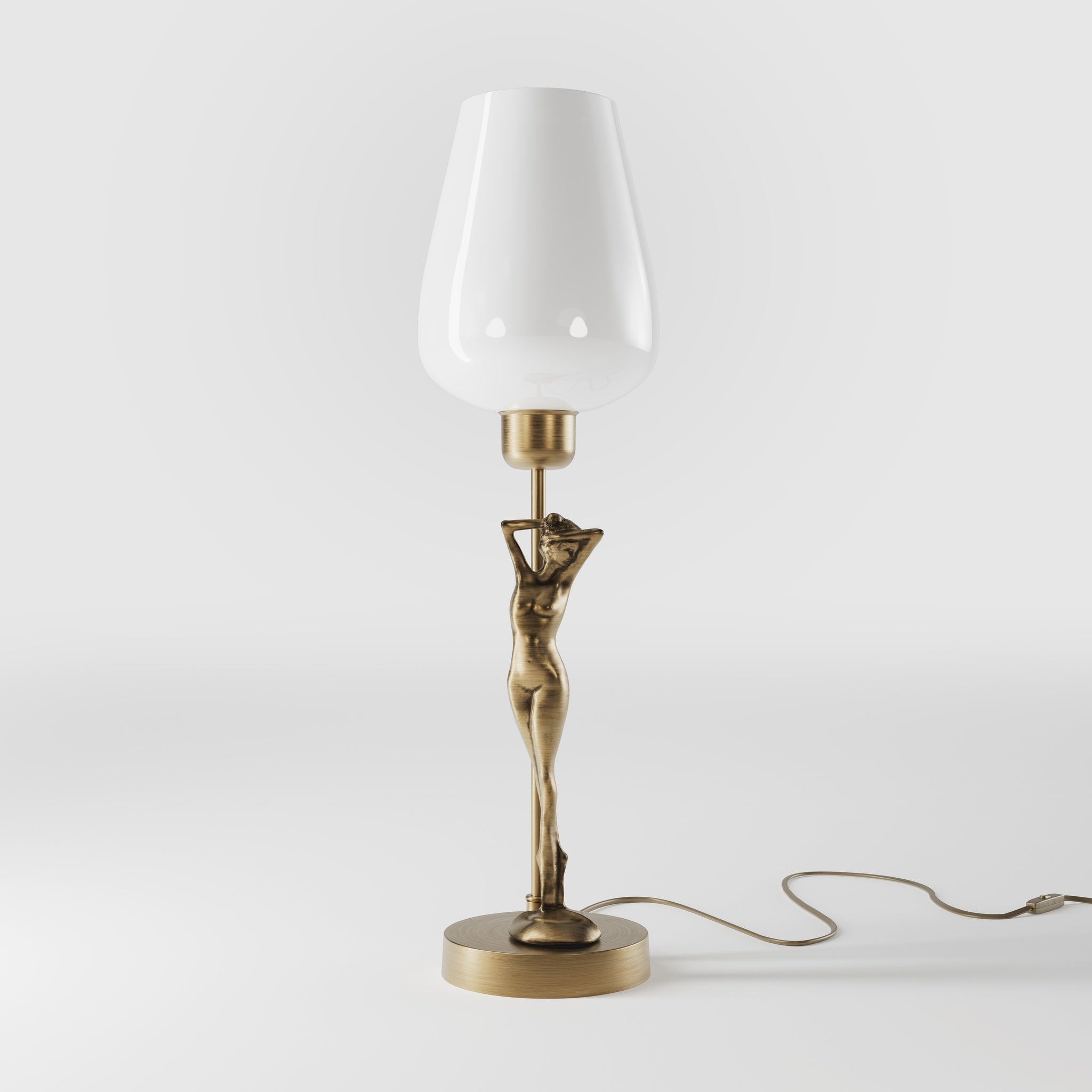 Art Deco table lamp with sculptural brass female figure and conical glossy white glass shade, decorative base by Ghidini 1849 - Finish: OBS Bronze Satin Brass