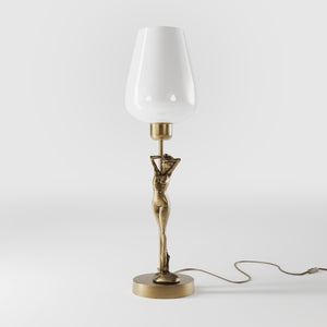 Art Deco table lamp with sculptural brass female figure and conical glossy white glass shade, decorative base by Ghidini 1849 - Finish: OBS Bronze Satin Brass