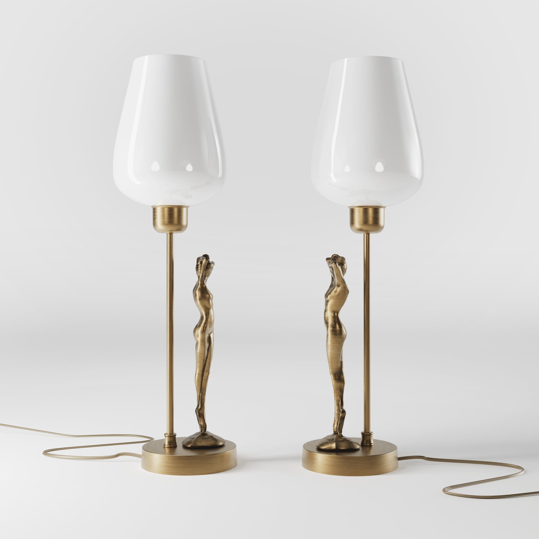 Art Deco table lamp with sculptural brass female figure and conical glossy white glass shade, decorative base by Ghidini 1849 - Finish: OBS Bronze Satin Brass