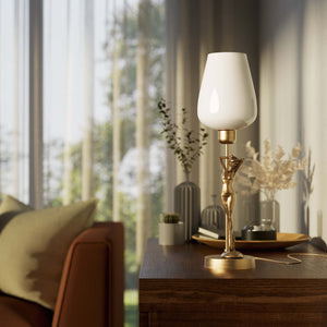 Art Deco table lamp with sculptural brass female figure and conical glossy white glass shade, decorative base by Ghidini 1849 - Finish: OBS Bronze Satin Brass