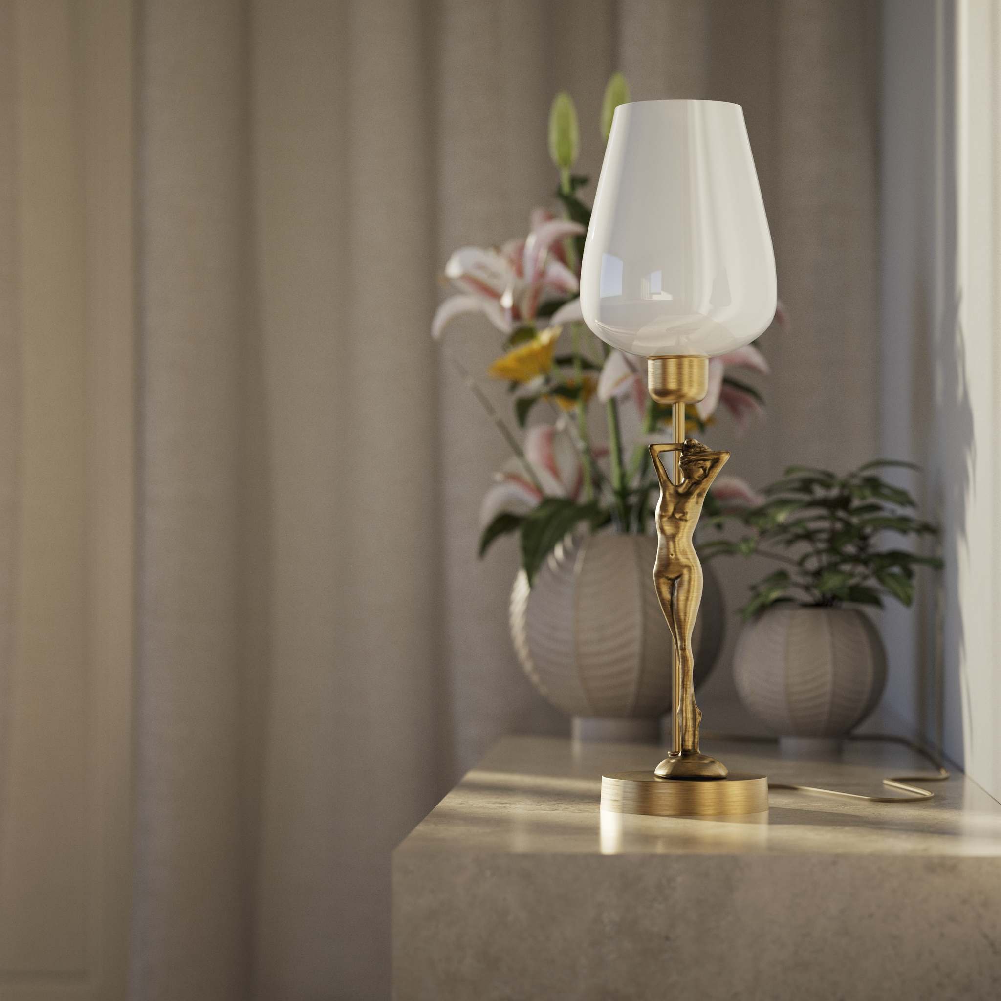 Art Deco table lamp with sculptural brass female figure and conical glossy white glass shade, decorative base by Ghidini 1849 - Finish: OBS Bronze Satin Brass