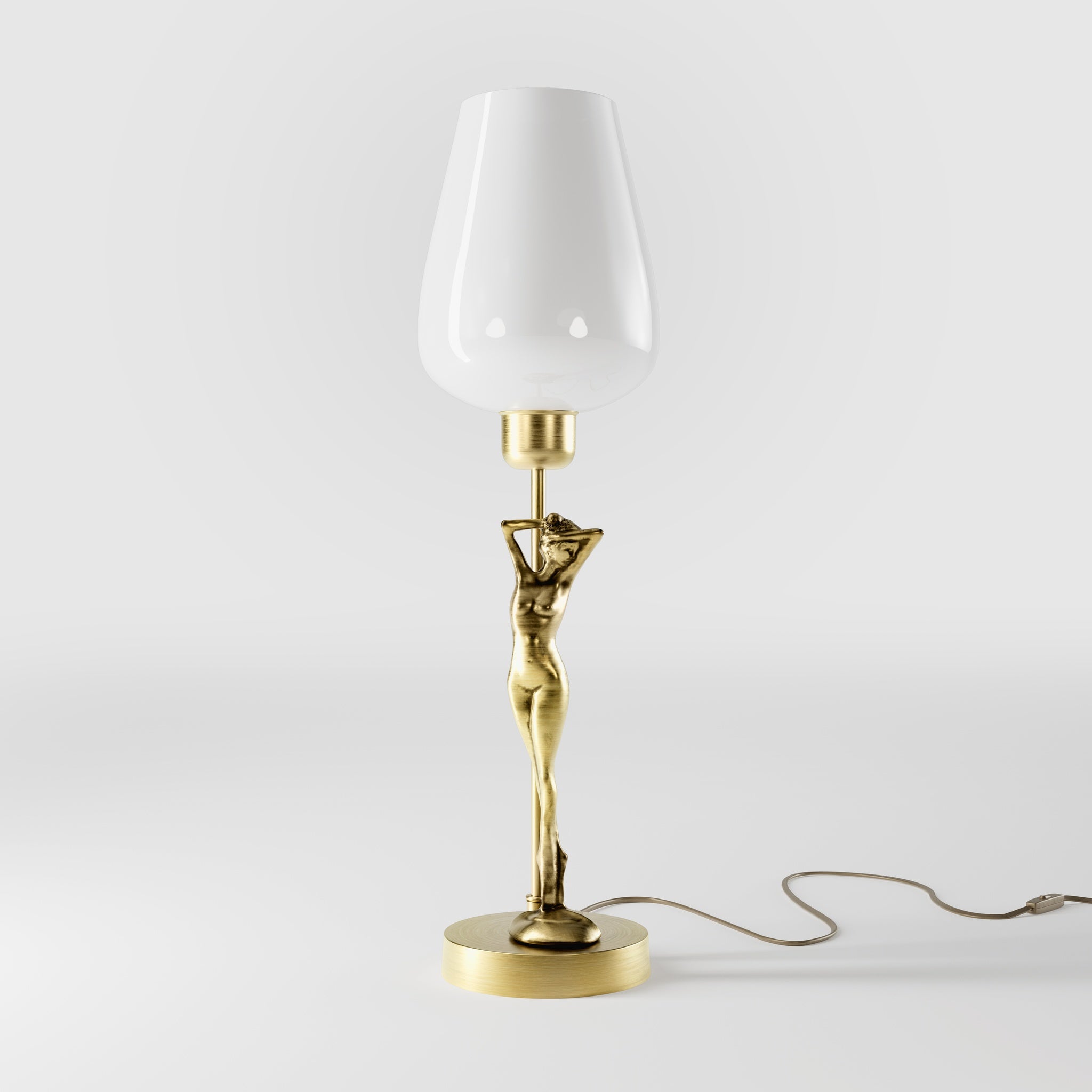 Art Deco table lamp with sculptural brass female figure and conical glossy white glass shade, decorative base by Ghidini 1849 - Finish: OBV Bronze Satin Light Brass