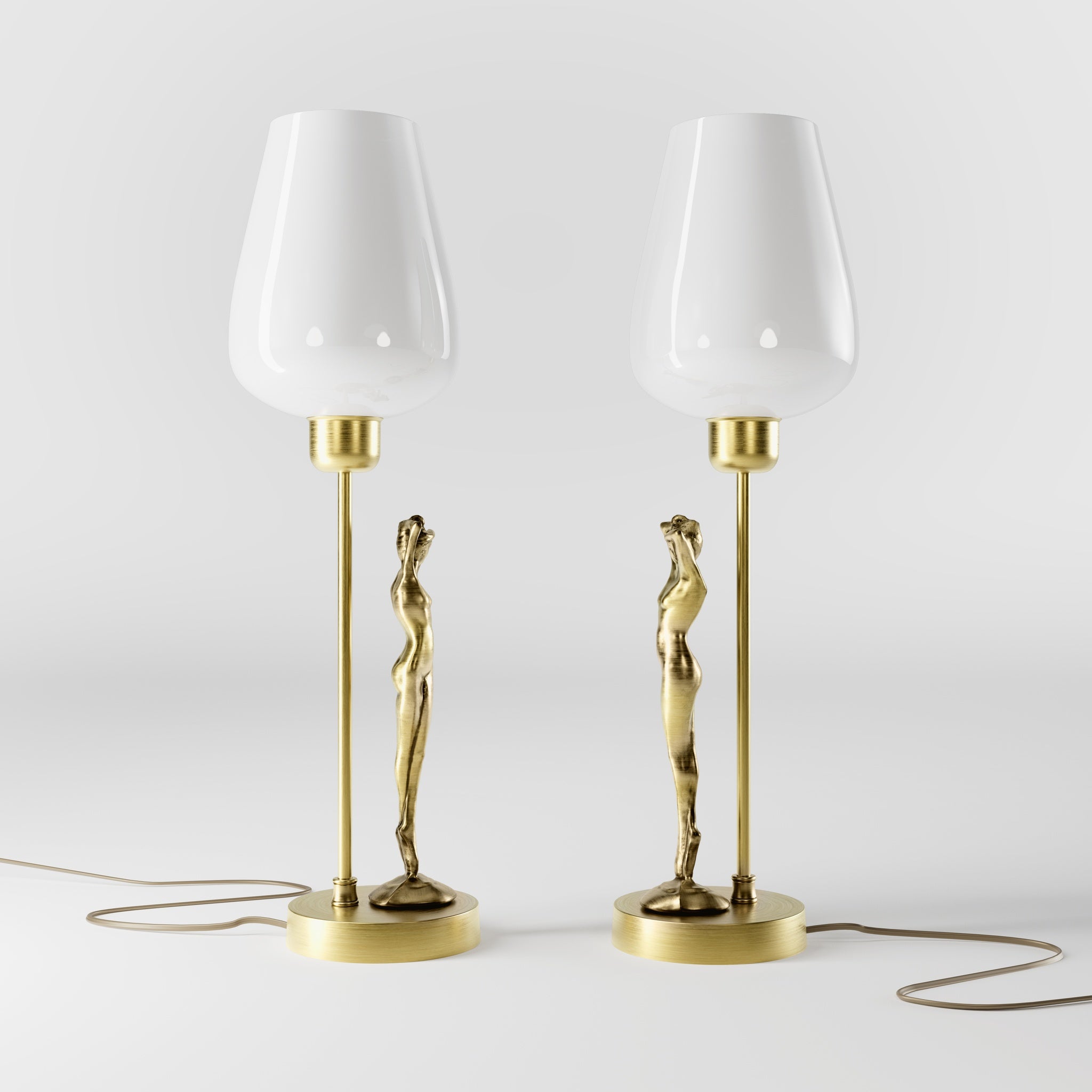 Art Deco table lamp with sculptural brass female figure and conical glossy white glass shade, decorative base by Ghidini 1849 - Finish: OBV Bronze Satin Light Brass