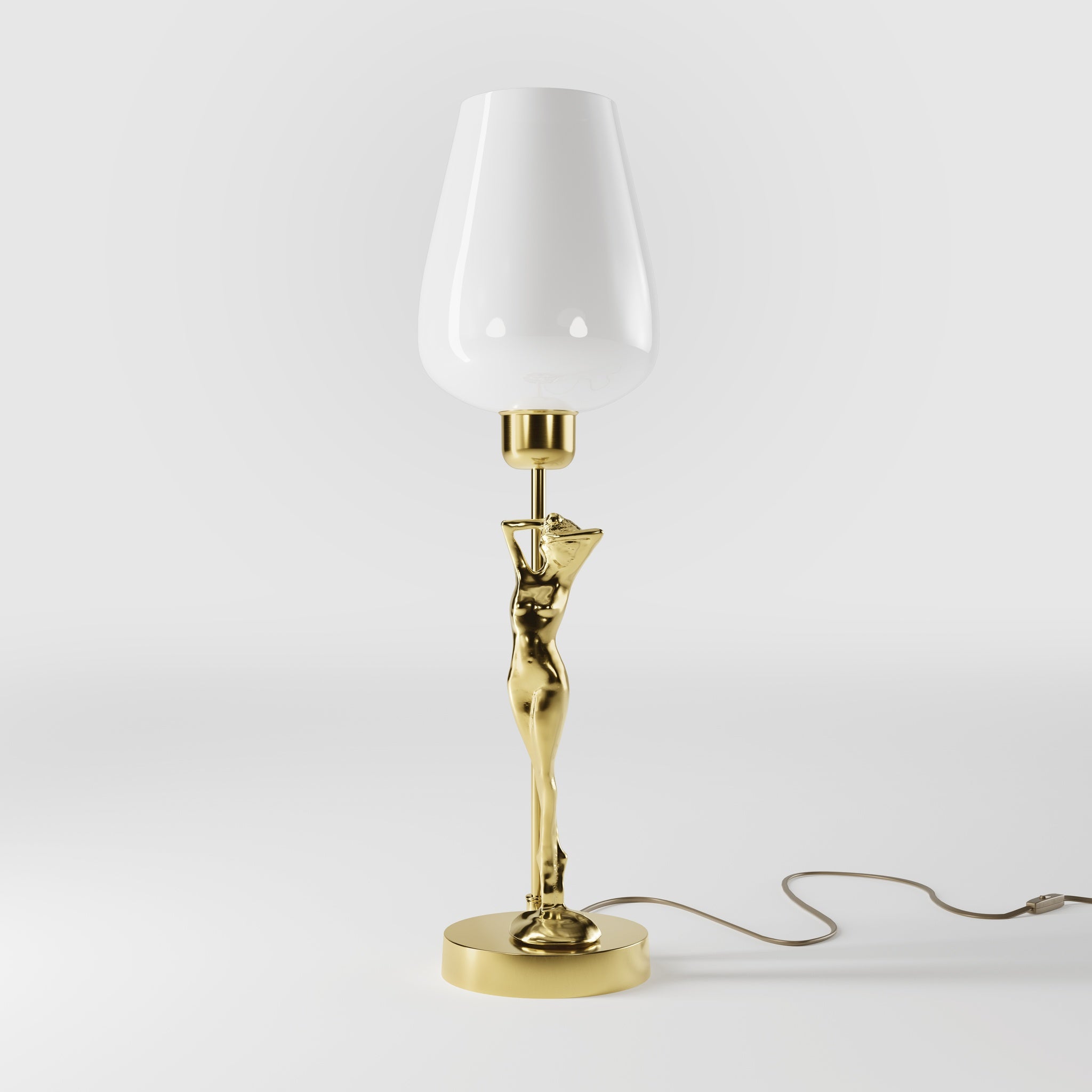 Art Deco table lamp with sculptural brass female figure and conical glossy white glass shade, decorative base by Ghidini 1849 - Finish: OLV Polished Brass